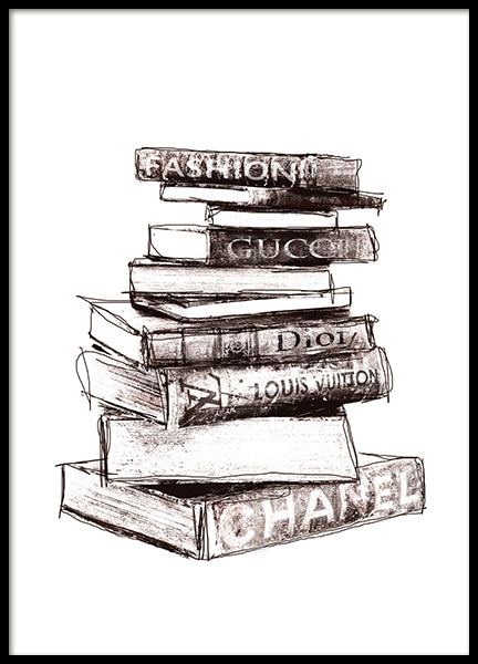 Posters et affiches avec livres des maisons de couture Gucci, Prada et Chanel