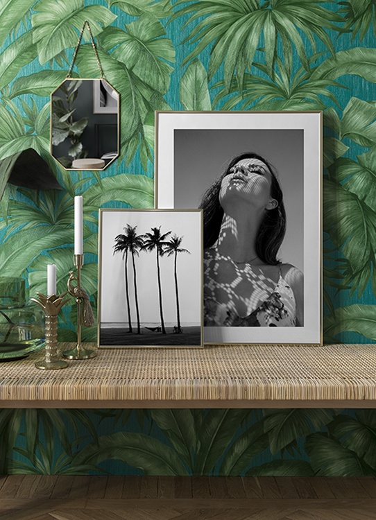  – Fotografia in bianco e nero di palme su una spiaggia