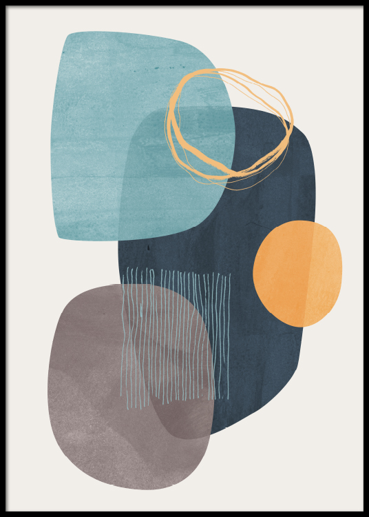  – Abstrakte grafische Kunst mit abstrakten Formen in Blau und Orange auf einem beigen Hintergrund