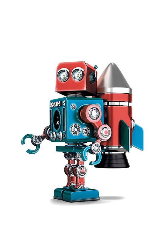  – Poster pour enfants d'un vieux robot portant une fusée sur son dos 