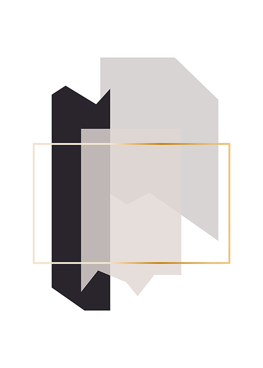  – Illustrazione grafica di forme grigie simili a frammenti e un rettangolo color oro al centro
