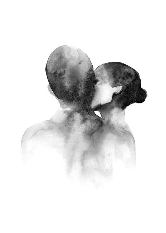  – Illustration à l’aquarelle en noir et blanc d’une femme embrassant un homme sur la joue