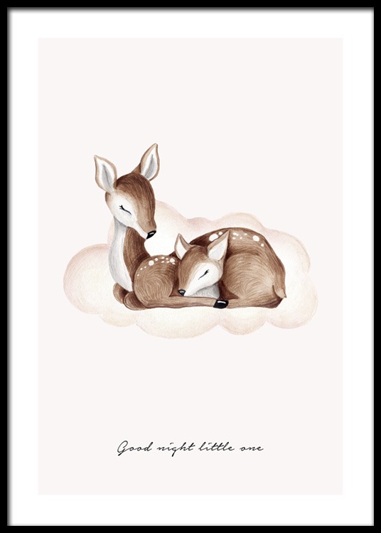 Illustration mit zwei schlafenden Hirschen auf einer Wolke und dem Text „Good night little one“