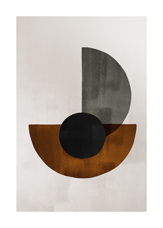  – Art graphique avec des formes en noir, marron et gris sur un fond beige