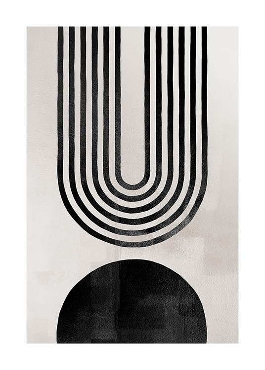  – Arco astratto composto da linee nere con una forma nera sottostaste su sfondo beige