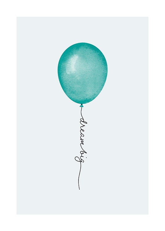  - Illustrazione di un palloncino verde su sfondo grigio con il testo Dream big scritto sul filo del palloncino