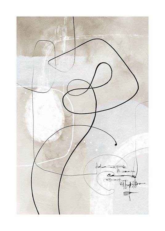  – Illustrazione con forme e linee astratte in bianco e nero su sfondo beige ad acquarello