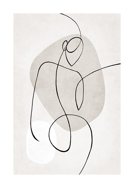  – Illustration abstraite d’art linéaire avec un corps sur un fond beige avec des formes en beige et blanc