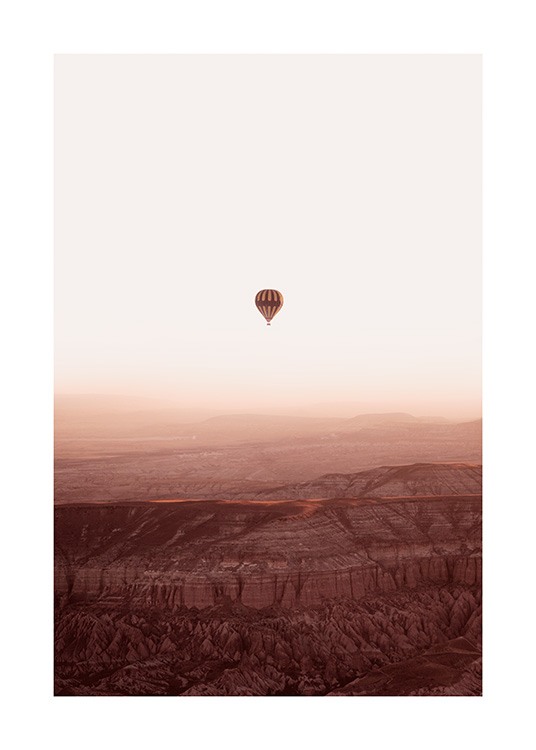 Hot Air Balloon Over Mountains Poster