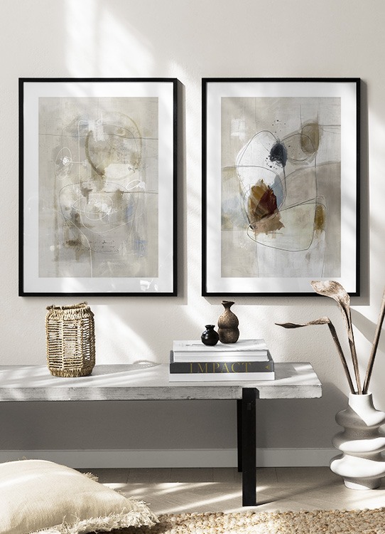  – Peinture beige avec des formes abstraites brunes et bleues