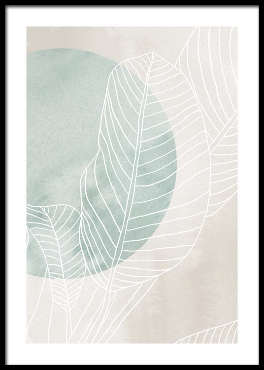  – Illustrazione di foglie di ficus bianche con un cerchio verde in secondo piano, su sfondo beige