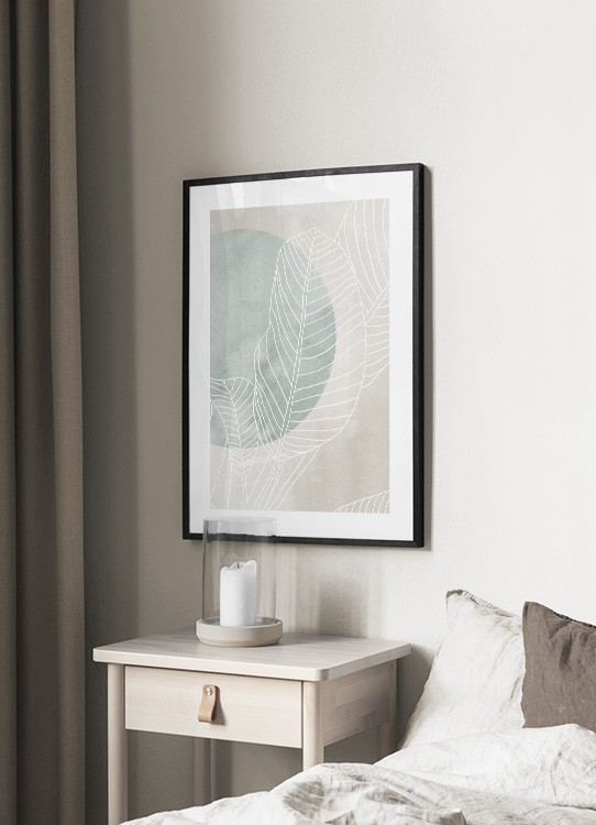  – Feuilles de ficus illustrées en blanc avec un cercle vert derrière elles et un fond beige