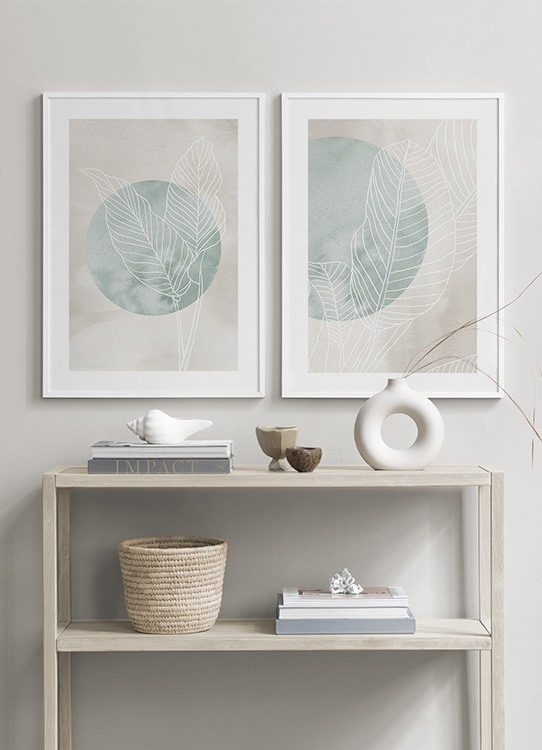  – Illustrazione di foglie di ficus bianche con un cerchio verde in secondo piano, su sfondo beige