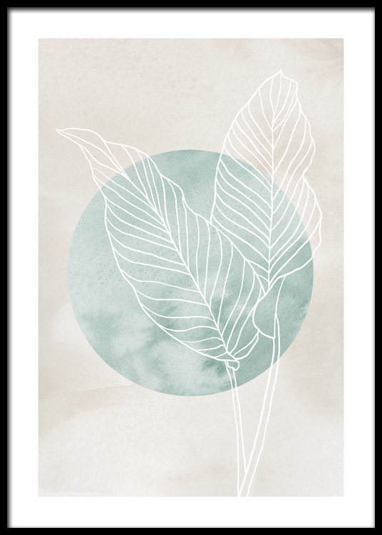  – Feuilles blanches en art linéaire avec un cercle vert derrière elles, sur un fond beige