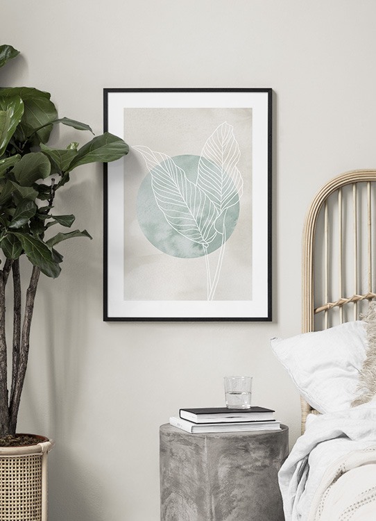  – Foglie bianche in stile line art con un cerchio verde in secondo piano, su sfondo beige