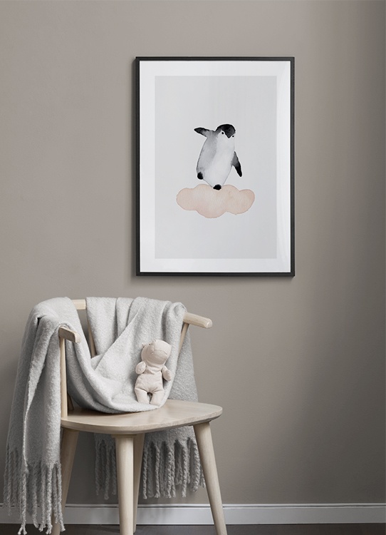  – Acquarello che ritrae un pinguino che si tiene in equilibrio su una nuvola rosa, su sfondo grigio chiaro