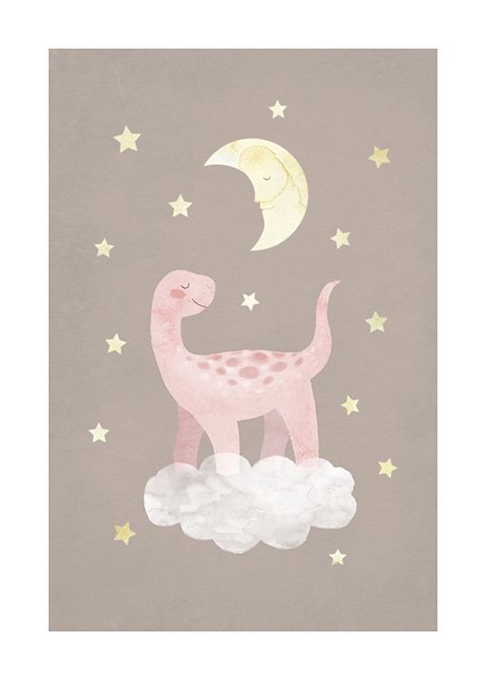  – Illustration d’un dinosaure en rose se tenant sur un nuage avec des étoiles et une lune tout autour, sur un fond marron