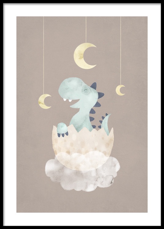  – Illustration d’un petit dinosaure bleu dans un œuf au-dessus d’un nuage sur un fond marron