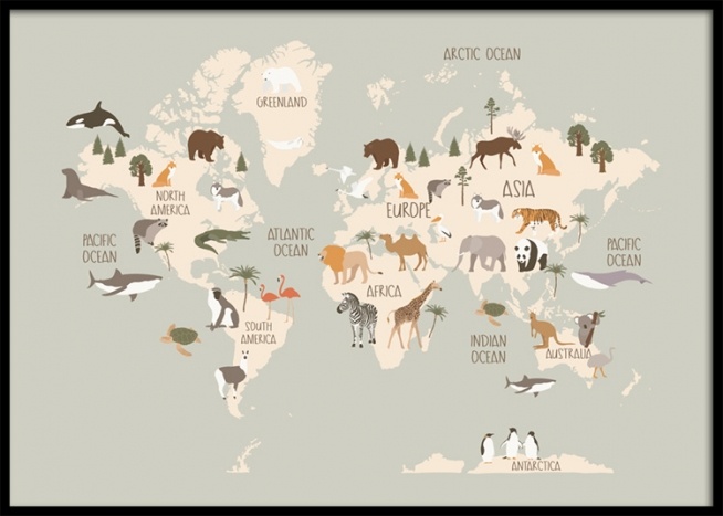  – Illustrazione grafica di animali su una mappa del mondo beige su sfondo grigio