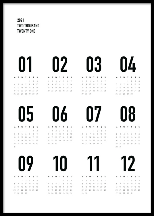  – Schwarz-weiß-Kalender mit Monatsübersichten für das Jahr 2024