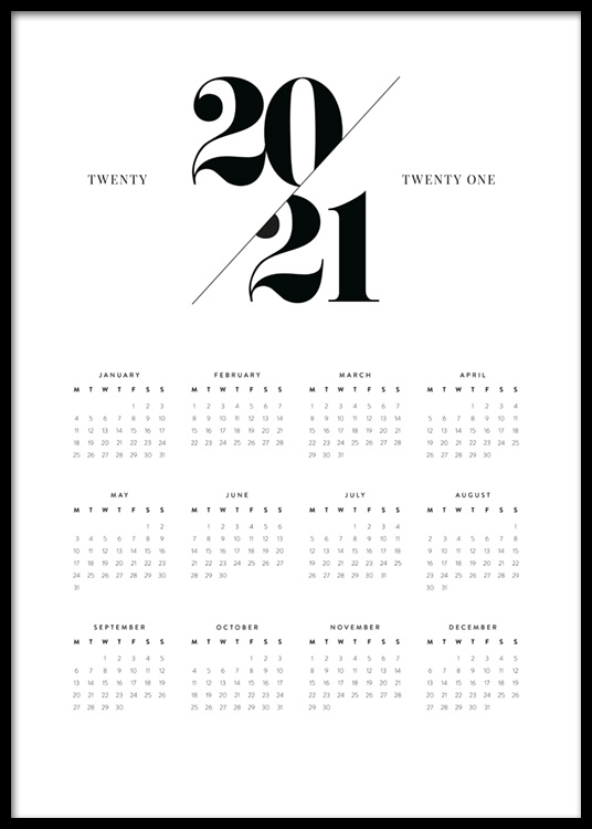  – Calendario in bianco e nero del 2021 con vista dei mesi
