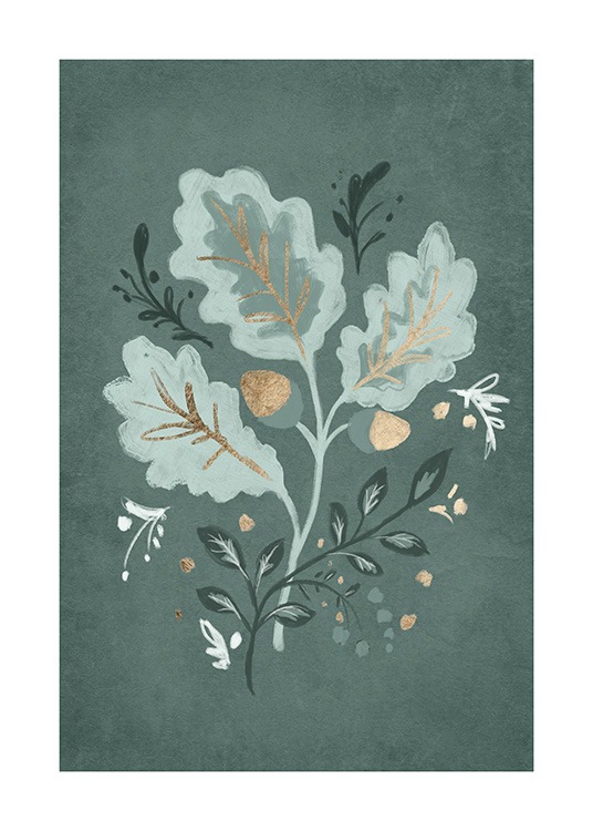  – Illustration avec des feuilles de chêne et des glands en vert et doré sur un fond vert