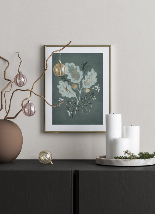  – Illustrazione di foglie di quercia e ghiande color oro e verde su sfondo verde