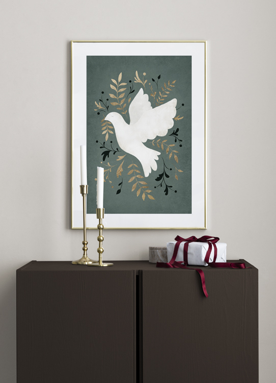  – Illustrazione di una colomba bianca della pace e foglie color oro e nere su sfondo verde