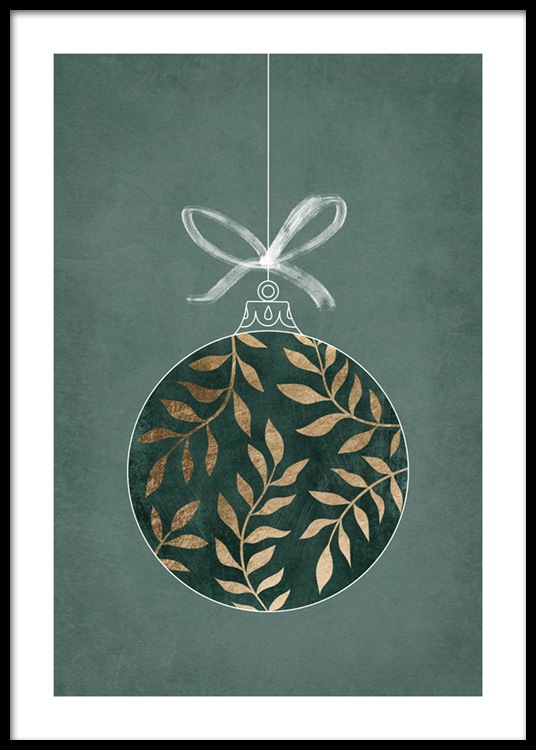  – Illustration d’une décoration de Noël en vert et or au bout d’une ficelle blanche sur un fond vert
