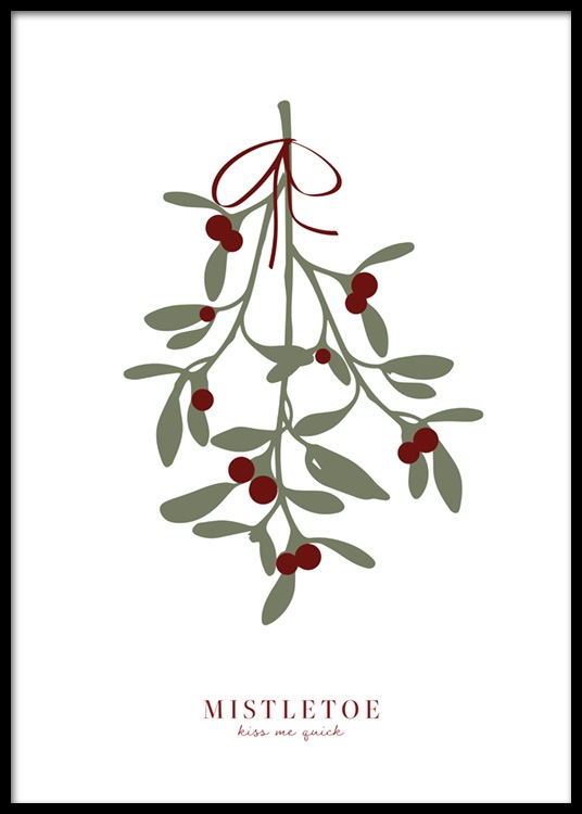  – Illustrazione di un rametto di vischio con foglie verdi e bacche rosse e testo al fondo