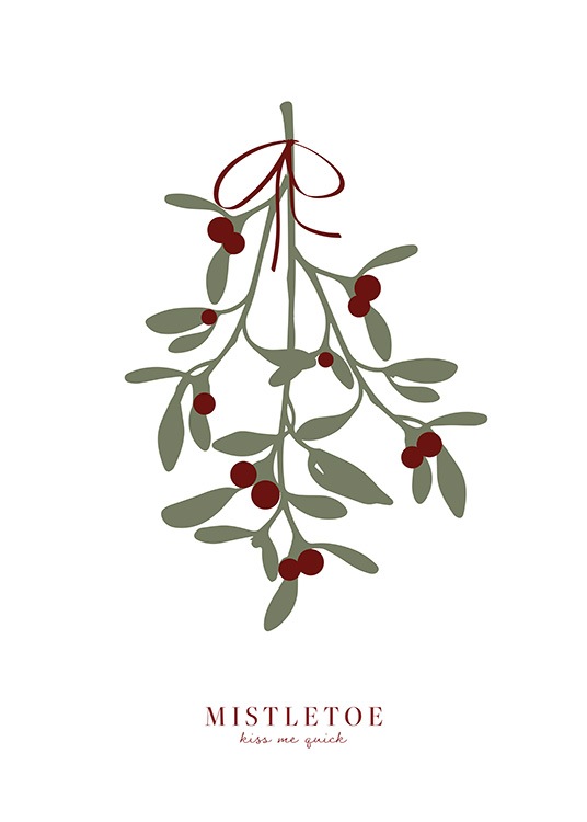  – Illustrazione di un rametto di vischio con foglie verdi e bacche rosse e testo al fondo