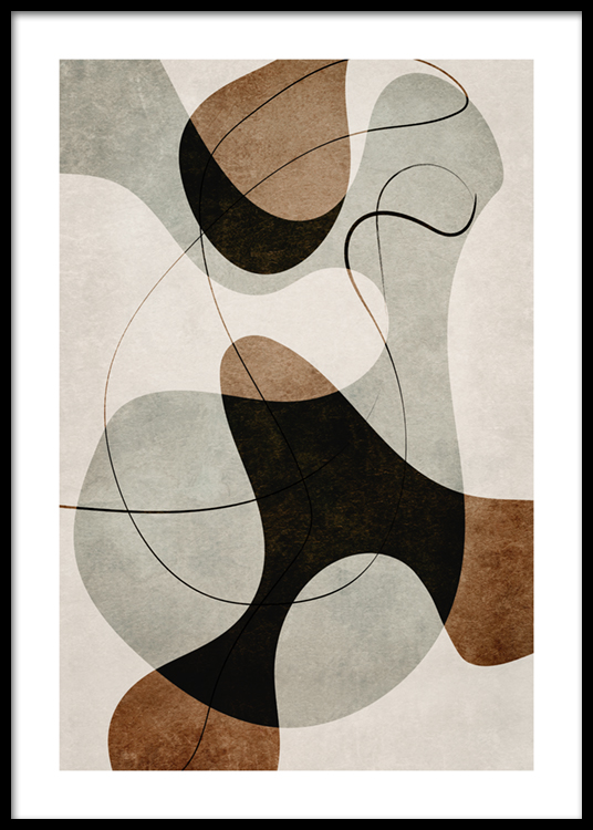  – Illustration graphique avec des formes abstraites et des lignes en marron et gris sur un fond beige
