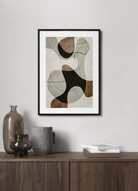  – Illustrazione grafica di forme e linee astratte marroni e grigie su sfondo beige