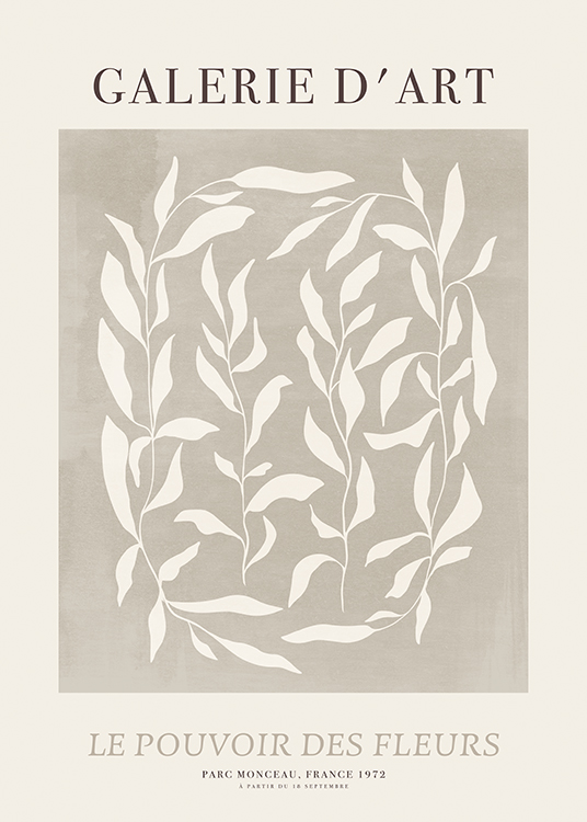  – Illustrazione di foglie bianche in un riquadro grigio con un testo in alto e uno al fondo