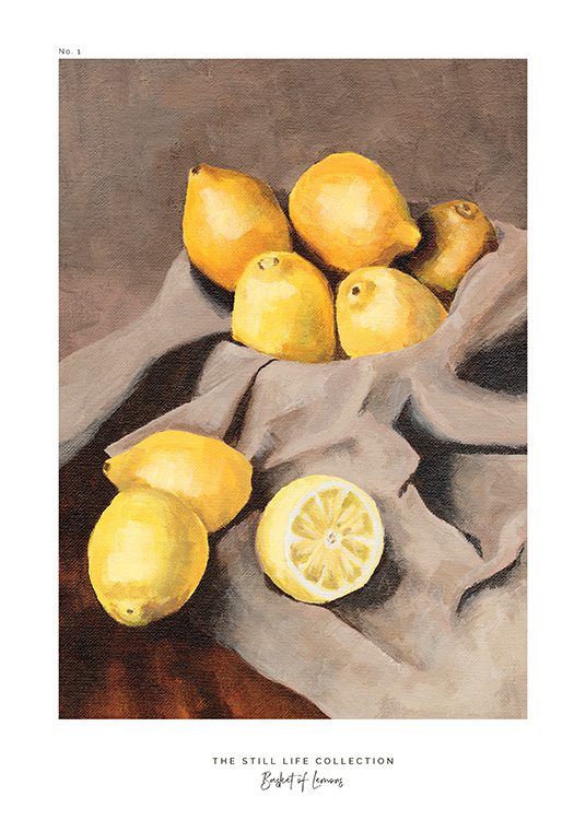  – Dipinto con soggetto di limoni appoggiati su un tessuto grigio-beige
