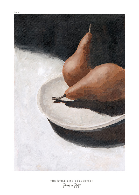 –Dipinto con soggetto di pere marroni in un piatto grigio su sfondo grigio chiaro e scuro