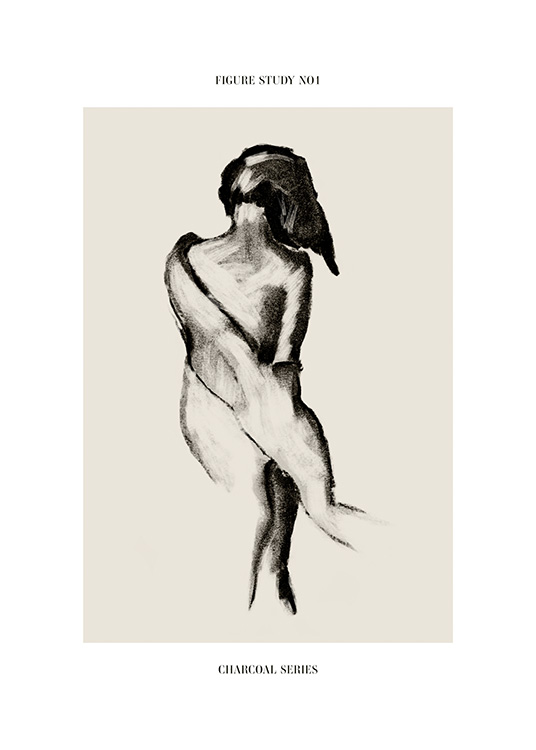  – Bozzetto di un corpo grigio antracite su sfondo beige con un testo in alto e uno al fondo