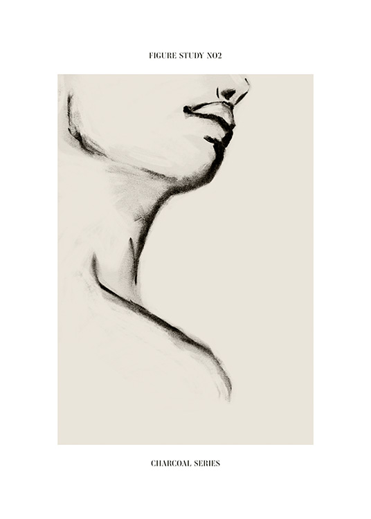  – Bozzetto minimalista a carboncino in grigio che ritrae un collo e labbra su sfondo beige