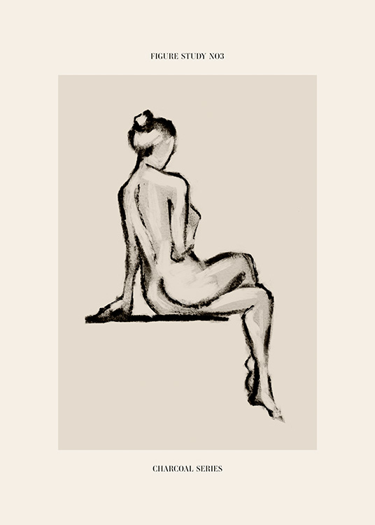  – Bozzetto a carboncino che ritrae un nudo di donna con le gambe accavallate vista di spalle, su sfondo beige