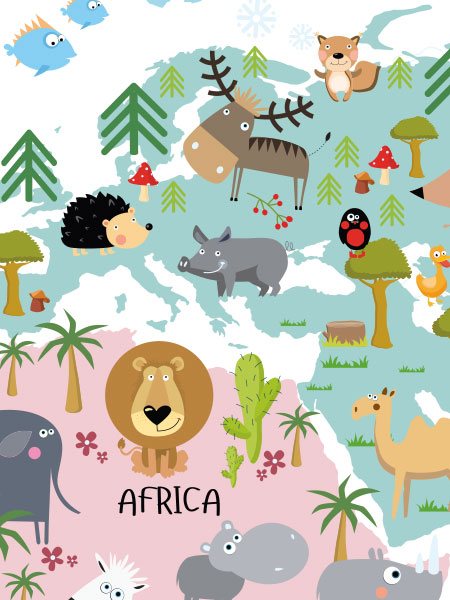  – Carte du monde avec des continents illustrés et des animaux dessus